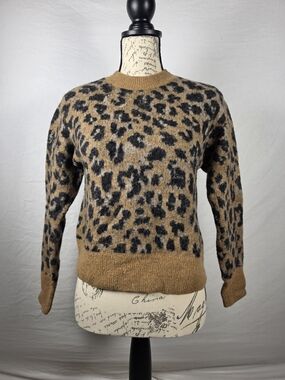 FRAME Leopard Print Wool & Alpaca Blend Crewneck Sweater Brown - Small